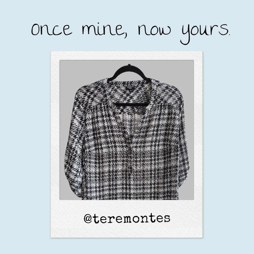 Torrid Classic Black & White Georgette Blouse – Modern Houndstooth Plaid Print - Picture 9 of 11